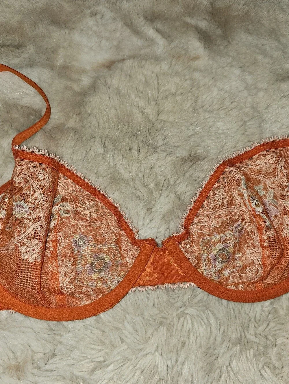Savage X Fenty Dolled Up Unlined Underwire Orange Floral Lace Demi Bra 32DDD US